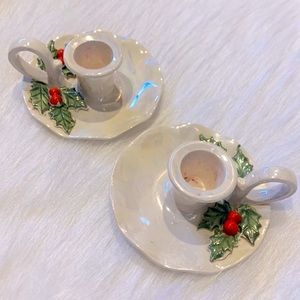 Vintage Ceramic Holly & Berries Candle Stick Holders Lusterwear 50’s /60’s
